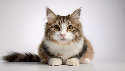 Fototapeta premium Cute cat sitting against a plain white background, highlighting its adorable features