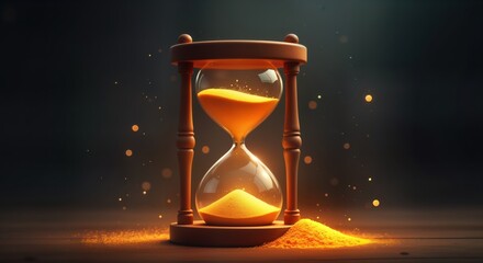 Wooden hourglass glows with amber sand. Time flows downward. Golden light enhances sand movement. Time concept. Abstract art. Tranquil design. Timeless beauty. Elegant visual art. Powerful image.