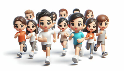 3D Candid photo of colleagues on a charity fun run copy space above. concept as Colleagues participate in a charity fun run jogging together with enthusiasm and camaraderie symbolizing teamwork and so