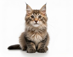Cute cat sitting against a plain white background, highlighting its adorable features