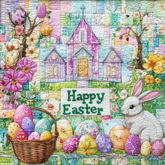 Rabbits sit among colorful flowers and decorated Easter eggs, with a basket of eggs between them. A church is in the background, and the text "Happy Easter" is prominently displayed.
