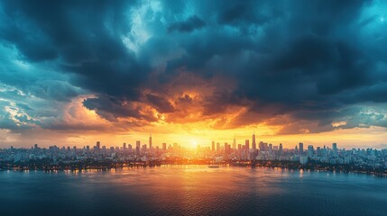 Naklejka premium A vibrant sunset over a city skyline, with dramatic clouds reflecting hues of orange and blue, mirrored by the calm water below.
