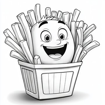 recommend clip art: Coloring book page with a digital drawing of French fries in a line art style.