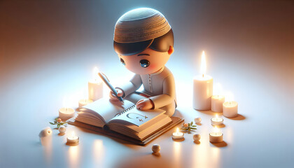 3D Candid shot of a person writing reflections in a journal by candlelight with copy space on the side. concept as An individual pens personal reflections in a journal illuminated by soft candlelight 