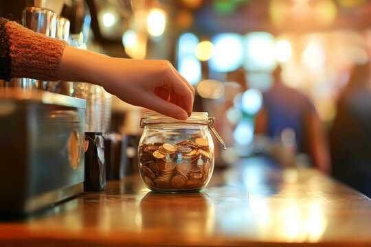 Mysterious hand depositing coins into tips jar at a busy coffee shop counter scene