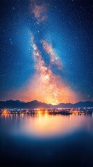 A stunning night sky filled with stars and the Milky Way, reflecting on a calm lake, surrounded by mountains and illuminated by warm city lights.