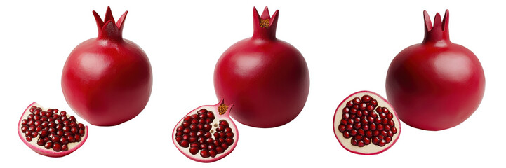A vibrant display of fresh pomegranates and their juicy seeds, symbolizing health. transparent background.