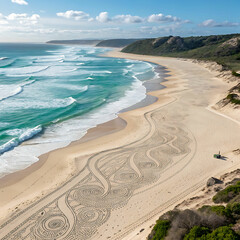 Indigenous-Inspired Art in Sand: Waves Carving Organic Patterns on a Pristine Beach