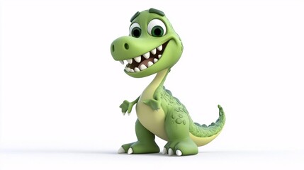 Adorable Cartoon Dinosaur Cute Green Dino Fun 3D Render Childrens Illustration