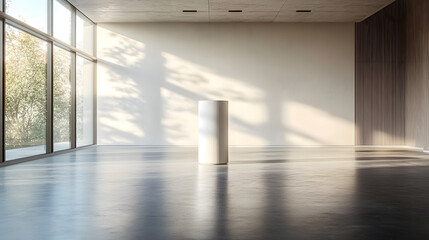 Fototapeta premium A minimalistic and spacious gallery room with concrete flooring, large windows letting in natural light, and a single white pillar in the center.