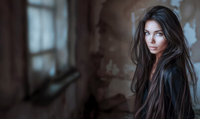 Fototapeta premium Elegant woman with long dark hair standing in moody, atmospheric interior with soft light and rustic background.