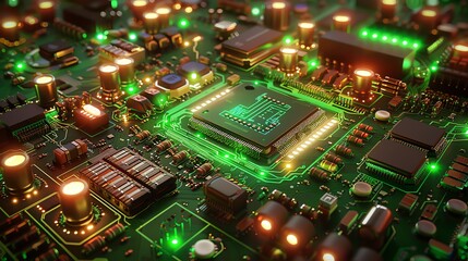 Obraz premium Close-up of illuminated circuit board with central processor.