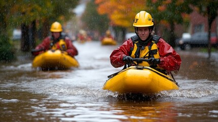 Emergency Response Team Navigates Flooded Street In Kayaks After Devastating Natural Disaster.