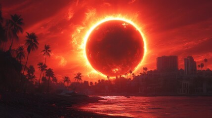 Total solar eclipse background in the sky with Palm trees in the city