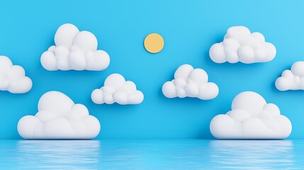 Artistic depiction of fluffy white clouds against a blue sky.