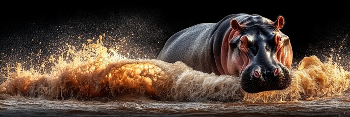Large Hippopotamus Emerging From River, Creating Dramatic Water Spray in Morning Sunlight