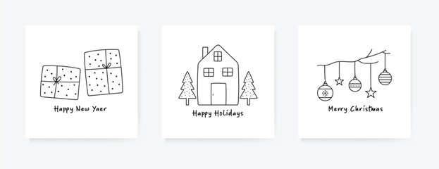 Winter holidays, christmas and new year greeting cards. abstract hand drawn doodle cards. Black and white line art drawing of house, tree, gifts and balls. editable stroke