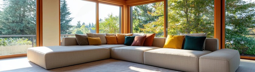 Modern Plush Couch with Colorful Throw Pillows in Brightly Lit Living Room Surrounded by Nature