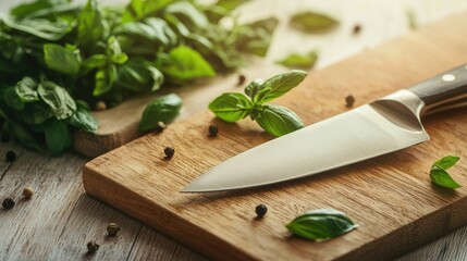 Sharp Kitchen Knife Resting on Wooden Cutting Board Surrounded by Fresh Herbs and Spices in a Well-Lit Setting