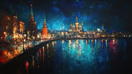 Obraz premium A vibrant night scene of a city skyline reflecting in water, showcasing architectural beauty.