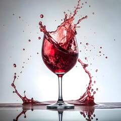 Fototapeta premium A close-up of red wine splashing dynamically, with vibrant droplets