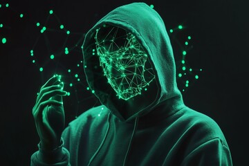 Faceless figure in sweatshirt holding green neuro link mesh against black background in glitch style