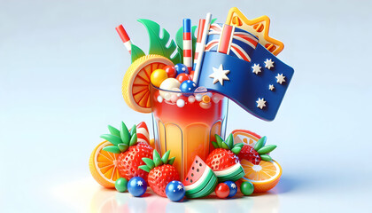 3D Close up of Australian themed Drink Garnish for Australia Day concept as Close up of Australian themed drink garnish with Australian symbols vibrant colors symbolizing festive refreshment and natio
