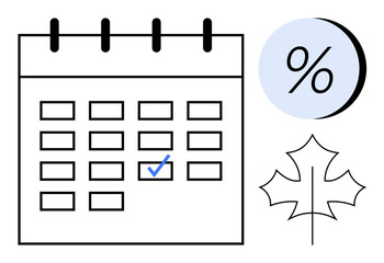 Calendar with blue check mark on a date, adjacent to percentage symbol in blue circle and maple leaf outline. Ideal for scheduling, planning, discounts, events, autumn themes, time management