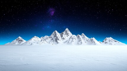 A three-dimensional depiction of the night sky over a frozen lake and mountains.