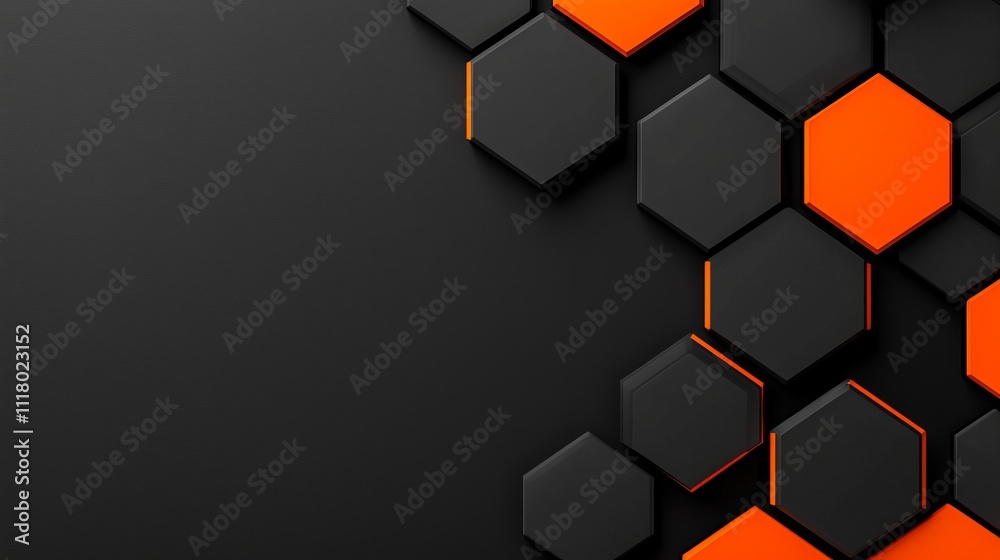 Wall mural an abstract 3d background with black hexagons and lines that glow orange.