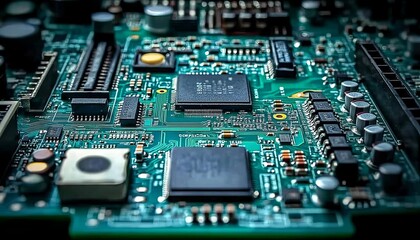 Modern Technology Background Blue Circuit Board with Chips, Processors, and Electronic Components
