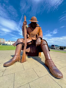 Seaham, County Durham, UK - August 5, 2024: : Tommy statue of a first world war soldier by Ray Lonsdale.