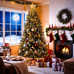 a fireplace with a Christmas tree and presents on it