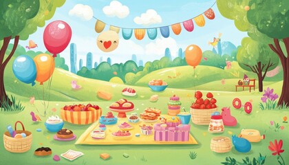 A vibrant picnic scene with various treats and festive decorations.