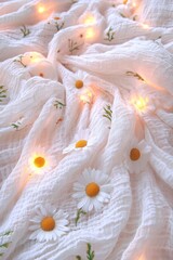 Delicate Linen Tablecloth Adorned with Daisies and Fairy Lights, Ethereal Spring Background