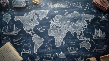 Chalkboard world map with travel icons and vintage objects.