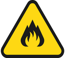 Danger warning sign, red triangle with black flame symbol on yellow background, isolated vector illustration