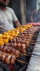 Grilling skewers at a lively street food market