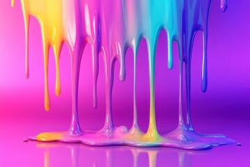 Naklejka premium Vibrant Rainbow Paint Dripping Abstract Art: Colorful Fluid Dynamics and Glossy Texture