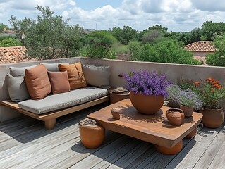 Obraz premium Rooftop Oasis Featuring Comfortable Seating and Lush Greenery