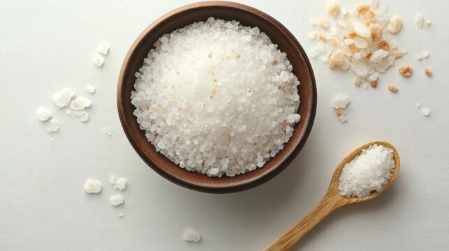 A bowl of sea salt and a small wooden spoon on a solid light blue background. Spa concept, exfoliation, skin care
