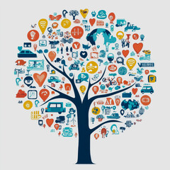 Obraz premium Abstract illustration of a tree filled with colorful icons representing various aspects of life, technology, nature, and community engagement in a modern design
