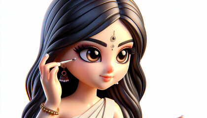 3D Close up portrait of a woman applying traditional bindi copy space to the left. concept as A detailed portrait focusing on a woman applying a traditional bindi on her forehead symbolizing beauty an