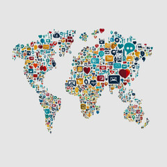 Colorful World Map Made of Various Icons Representing Communication, Technology, Travel, Health, and Social Media Interconnected Globally