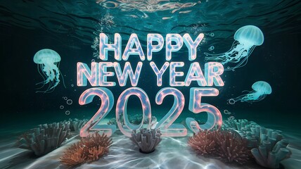 3D Happy New Year 2025 text submerged underwater 