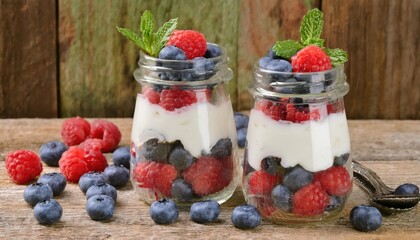 Blueberry and raspberry parfaits in mason jars, still life against a rustic wood background