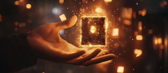 Glowing cube held in a hand, magical sparks.