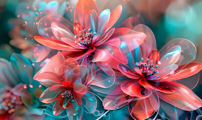 Fototapeta premium Vibrant abstract floral art with translucent red and teal blossoms