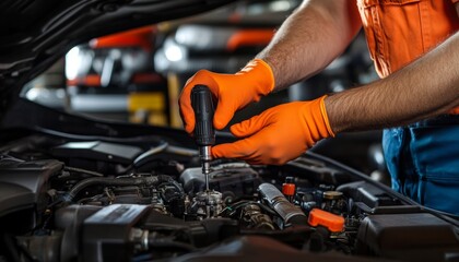 Expert mechanic in orange gloves carefully fixing car engine in busy automotive repair shop