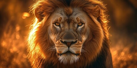 Fototapeta premium Majestic lion portrait at sunset, glowing mane.